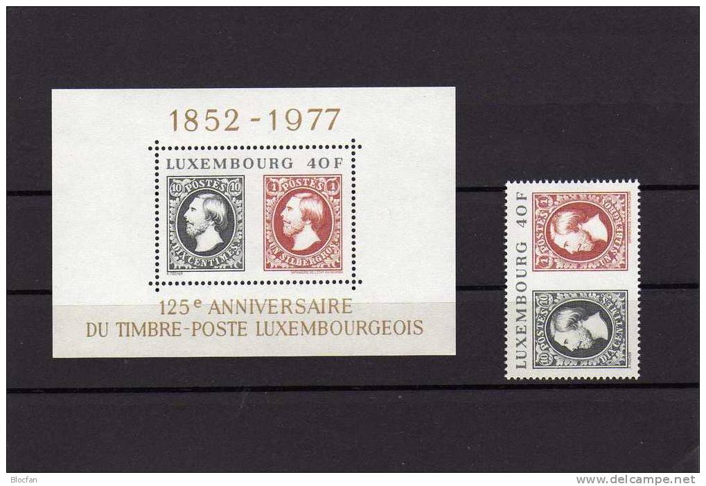 Stamp On Stamp Nr. 1+2 Marken 1977 Luxemburg 951+Block 10 ** 10€ Jubiläum 125 Jahre Briefmarken M/s Sheets Bf Luxembourg - Blokken & Velletjes