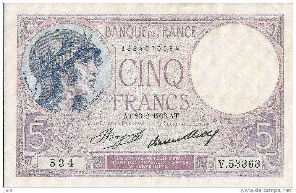 - FRANCE - BILLETS - 5 F - VIOLET - AT - 23 - 2 - 1933 - N° 534 - V.53363 - - 5 F 1917-1940 ''Violet''