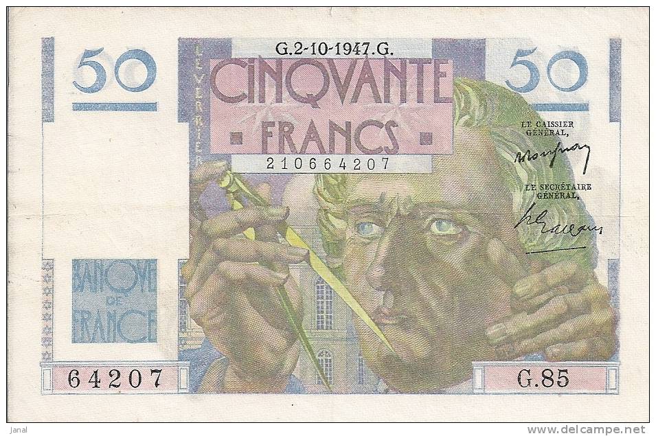 - FRANCE - BILLETS - 50 F -  LE VERRIER - G - 2 - 10 - 1947 - G - N° 64207 - G85 - - 50 F 1946-1951 ''Le Verrier''