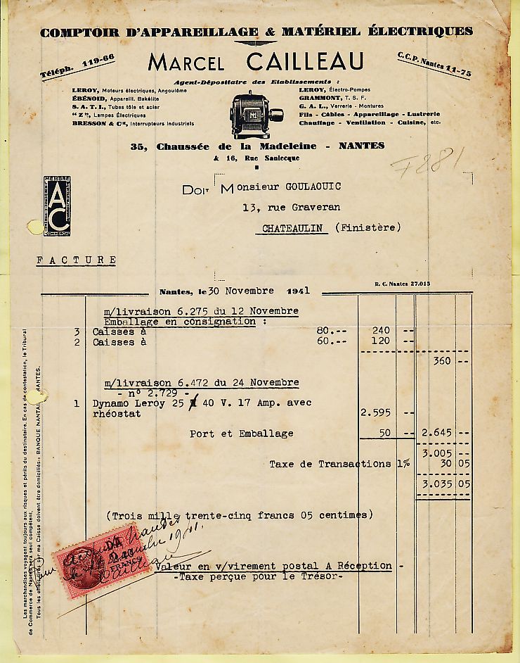 APPAREILLAGE ELECTRIQUE CAILLEAU Moteur LEROY NANTES LOIRE ATLANTIQUE Facture Timbres 30.11.1941 à GOUALIC Chateaulin - Elektriciteit En Gas
