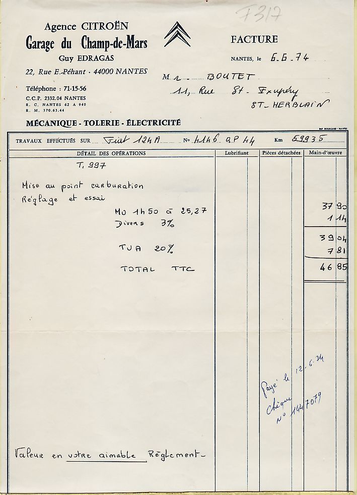 Agence CITROEN GARAGE EDRAGAS CHAMP MARS Rue Péhant NANTES LOIRE ATLANTIQUE Facture 06.06.1974 à BOUTET St Herblain - Auto's