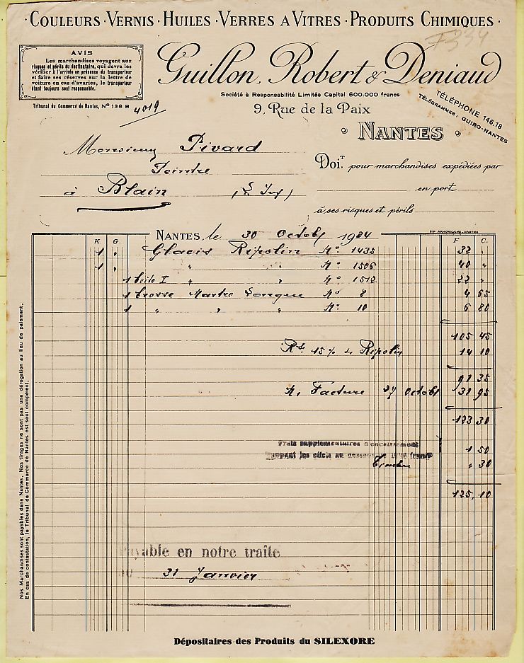 DROGUERIE PRODUITS CHIMIQUES GUILLON ROBERT DENIAUD NANTES LOIRE ATLANTIQUE Facture 30.10.1934 à PIVARD Peintre Blain - Drogisterij & Parfum