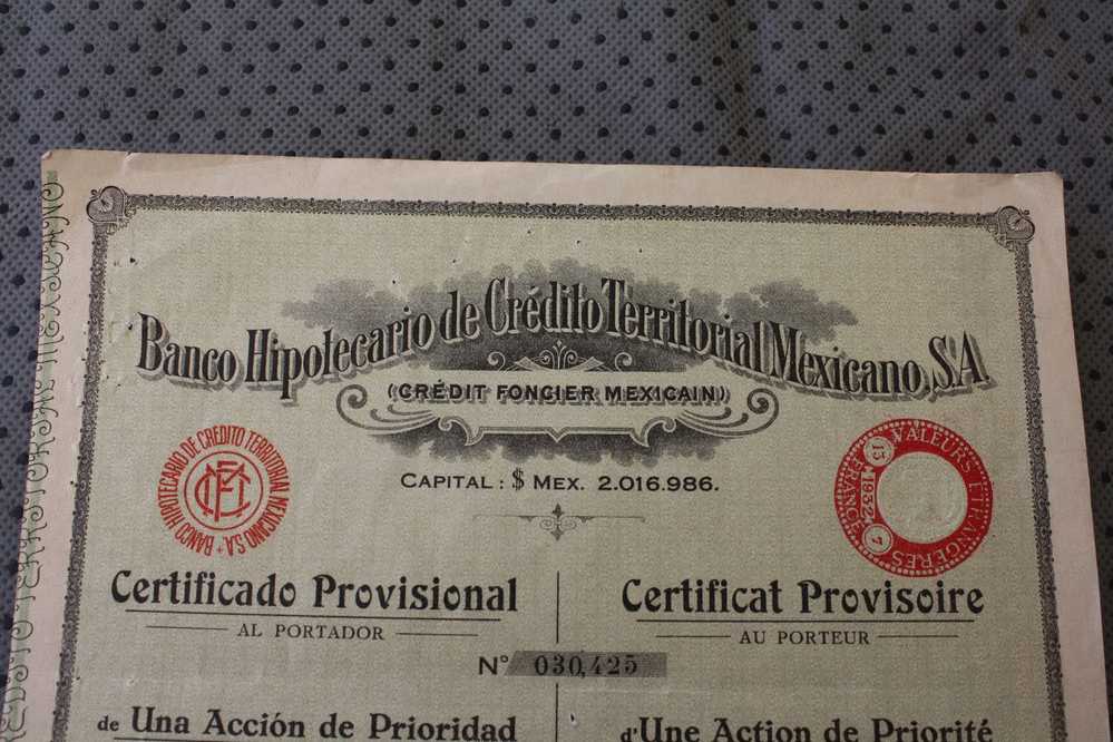 1923 BANK BANQUE BANCO HIPOTECARIO DE CREDITO TERRITORIAL MEXICANO S.A Crédit FONCIER MEXICAIN TITRE ACTION SCRIPOPHILIE - Bank & Versicherung