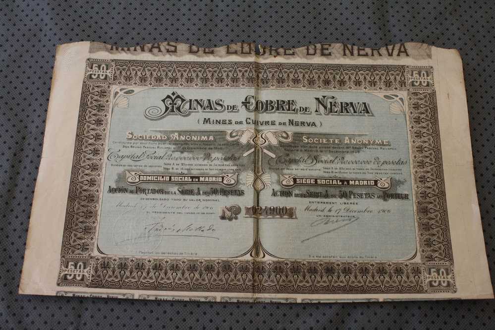 1909 MINAS DE COBRE DE NERVA S.A.  SIEGE SOCIAL A MADRID ESPANA ESPAGNE TITRE  ACTION SCRIPOPHILIE - Mineral