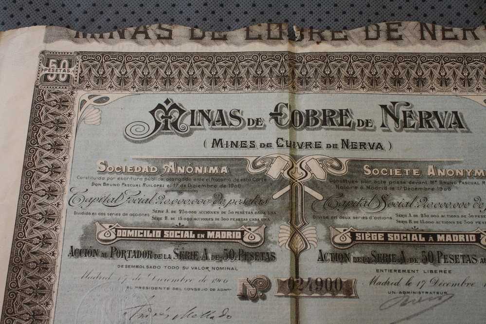 1909 MINAS DE COBRE DE NERVA S.A.  SIEGE SOCIAL A MADRID ESPANA ESPAGNE TITRE  ACTION SCRIPOPHILIE - Mijnen