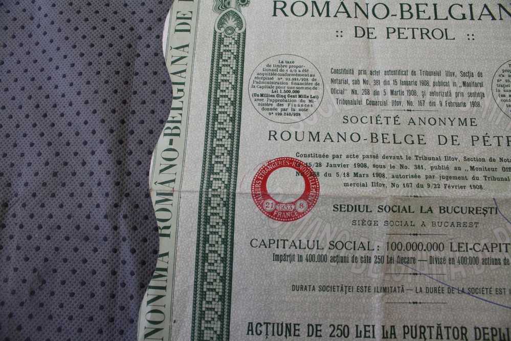 1908 SOCIETE ANONYME ROUMANO-BELGE DE PETROLE ROMANO - BELGIANA DE PETROL SIEGE A BUCURESTI  TITRE  ACTION SCRIPOPHILIE - Pétrole