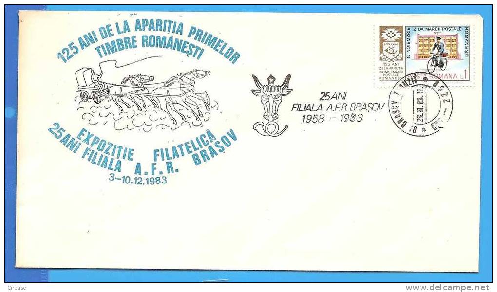 ROMANIA Cover 1983. Romanian First Mark 125 Years. Horse Post - Stage-Coaches