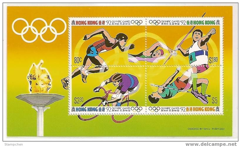 Hong Kong 1992 Olympic Games Stamps S/s Swimming Cycling Javelin High Jump Race Bicycle - Jumping