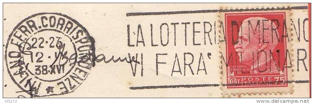 N112 Hausen Am Albis.Cachet Italien : Lotteria Di Merano Vi Fara Milionaro Sur Timbre Italien 1938.Léger Pli Transversal - Hausen Am Albis 