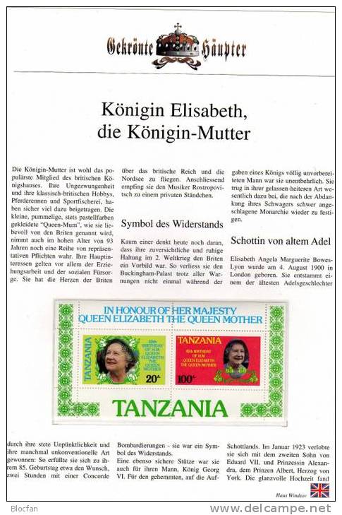 Gedenkblatt Königinmutter Elisabeth Tansania 264/7, ZD + Bl.42/43 ** 14€ Porträt, Blumenumrangt, Mit Hut, Mit Kappe - Tansania (1964-...)