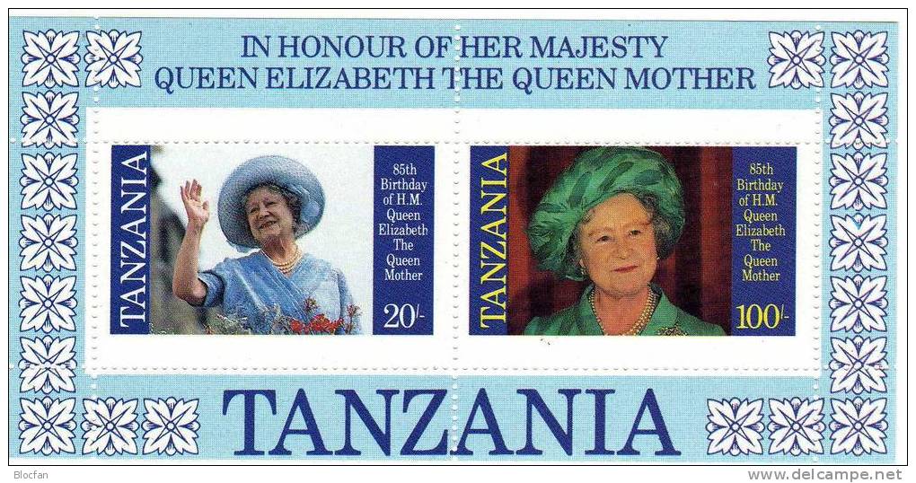 Gedenkblatt Königinmutter Elisabeth Tansania 264/7, ZD + Bl.42/43 ** 14€ Porträt, Blumenumrangt, Mit Hut, Mit Kappe - Tansania (1964-...)