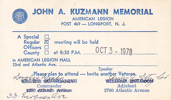 Caesar Rodney UX70 -  John A. Kuzmann Memorial - American Legion , Longport , New Jersey - 1961-80
