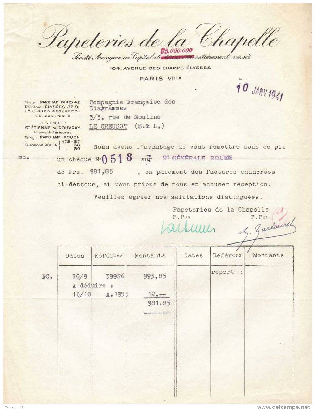 Facture Des Papeteries De La Chapelle De Paris VIII ème Et De 1941 - Druck & Papierwaren