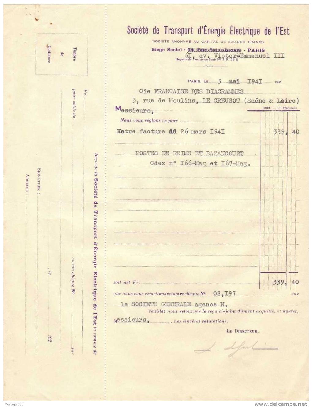 Facture De La Société De Transport D'Énergie Electrique De L'Est De Paris Et De 1941 - Elettricità & Gas