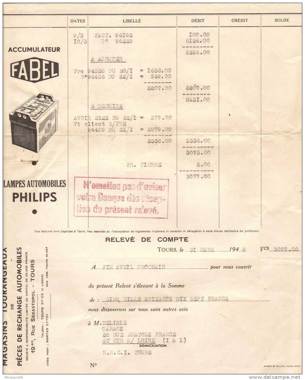 Relevé De Compte Des Magasins TOURANGEAUX De Pièces De Rechange Automobiles De Tours Et De 1948 - Auto's