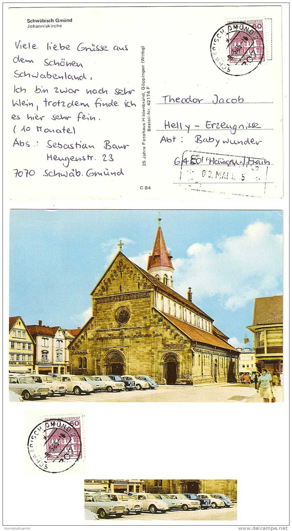 AK 84 Schwäbisch Gmünd Johanniskirche VW-Käfer Mercedes Oldtimer -8.-5.85 - 16 707 SCHWÄBISCH GMÜND Nach 6450 Hanau - Schwäbisch Gmünd