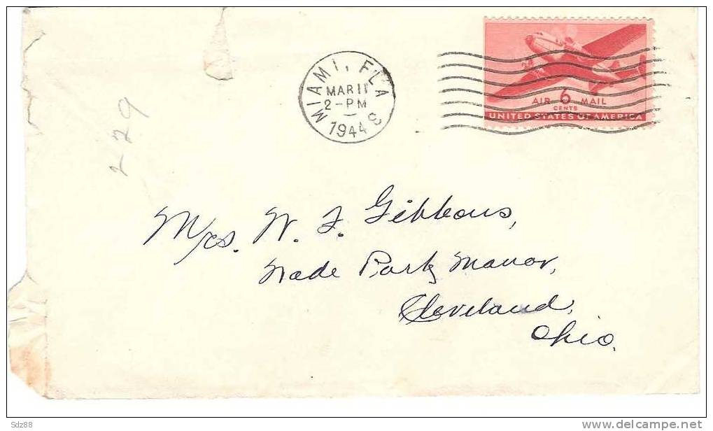 Etats Unis Lettre Circulée 1944 Poste Aérienne Avion Dakota De Miami Pour Cleveland - Lettres & Documents