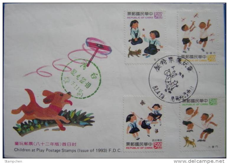 FDC Taiwan 1993 Kid Toy Stamps Dueling Rubber Band Bamboo Sandbag Dragonfly Butterfly Dog - FDC