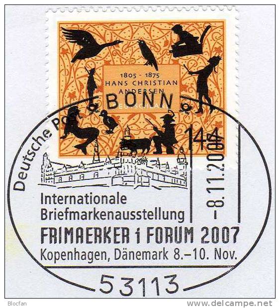 Frimaerker´2007 Danmark Bund 2453 SST 8€ Offizieller Messebrief Märchen - Figuren Von Andersen MBrf.10/07 - Lettres & Documents