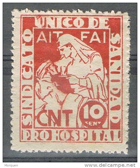 Viñeta Sindicato  AIT- FAI, 10 Cts. Guerra Civil. Variedad CALCADO DORSO - Spanish Civil War Labels