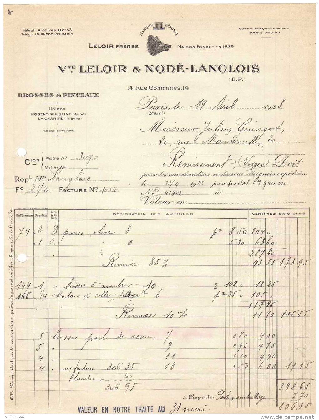 Facture Des Brosses Et Pinceaux Vve. LELOIR Et NODÉ LANGLOIS De Paris Et De 1928 - Drogisterij & Parfum