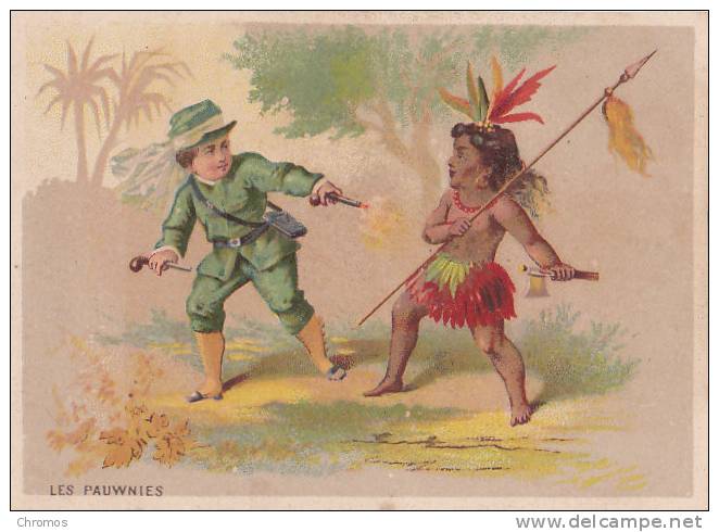 Chromo Avec Un Indien, Thèmes Colonialisme (?), Les Pauwnies, Pistolet - Otros & Sin Clasificación