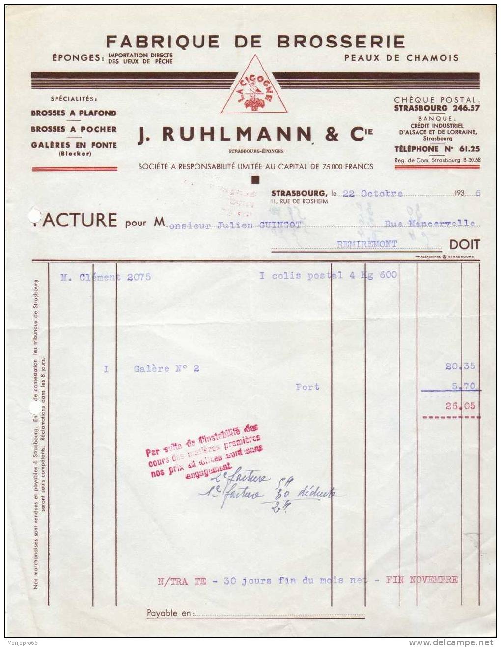 Facture De La Fabrique De Brosserie J. RUHLMANN Et Cie De Strasbourg Et De 1936 - Chemist's (drugstore) & Perfumery