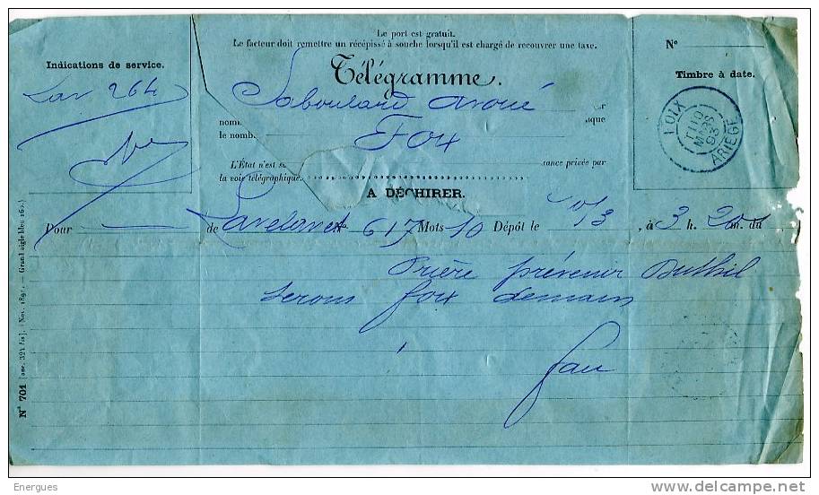 Télégramme 1893, De Lavelanet à Foix, - Telegraaf-en Telefoonzegels