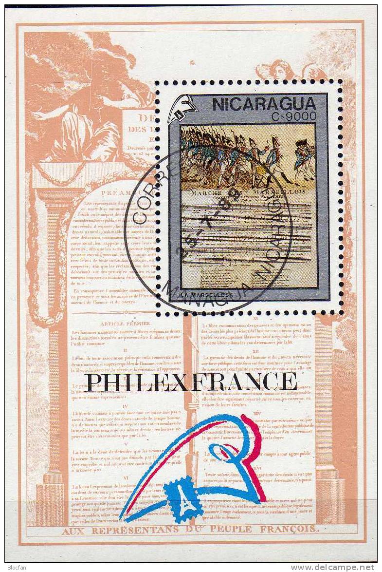 Französische Revolution 1989 Nicaragua 2975+Block 187 O 7€ Noten Der Marseillaise Bloc Hoja M/s Music Sheet Bf Nikaragua - Nicaragua