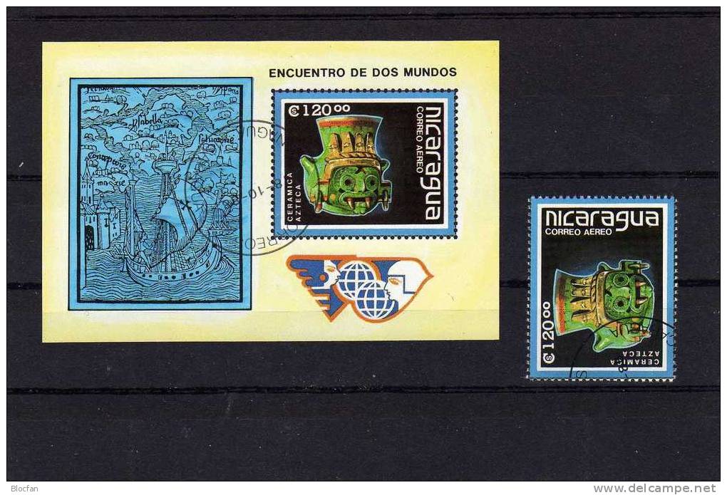 500 Jahre Entdeckung Amerika 1988 Keramik Nicaragua 2923+Block 181 O 6€ Krug Azteken Bloc M/s History Sheet Bf Nikaragua - Nicaragua