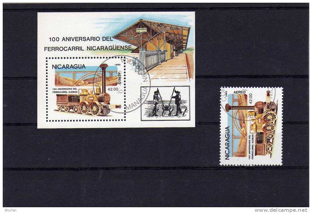 150 Jahre Eisenbahn 1985 Lok Nikaragua 2585+Block 165 O 6€ Dampflok/Brücke Bloque Hoja Bloc M/s Train Sheet Bf Nicaragua - Nicaragua