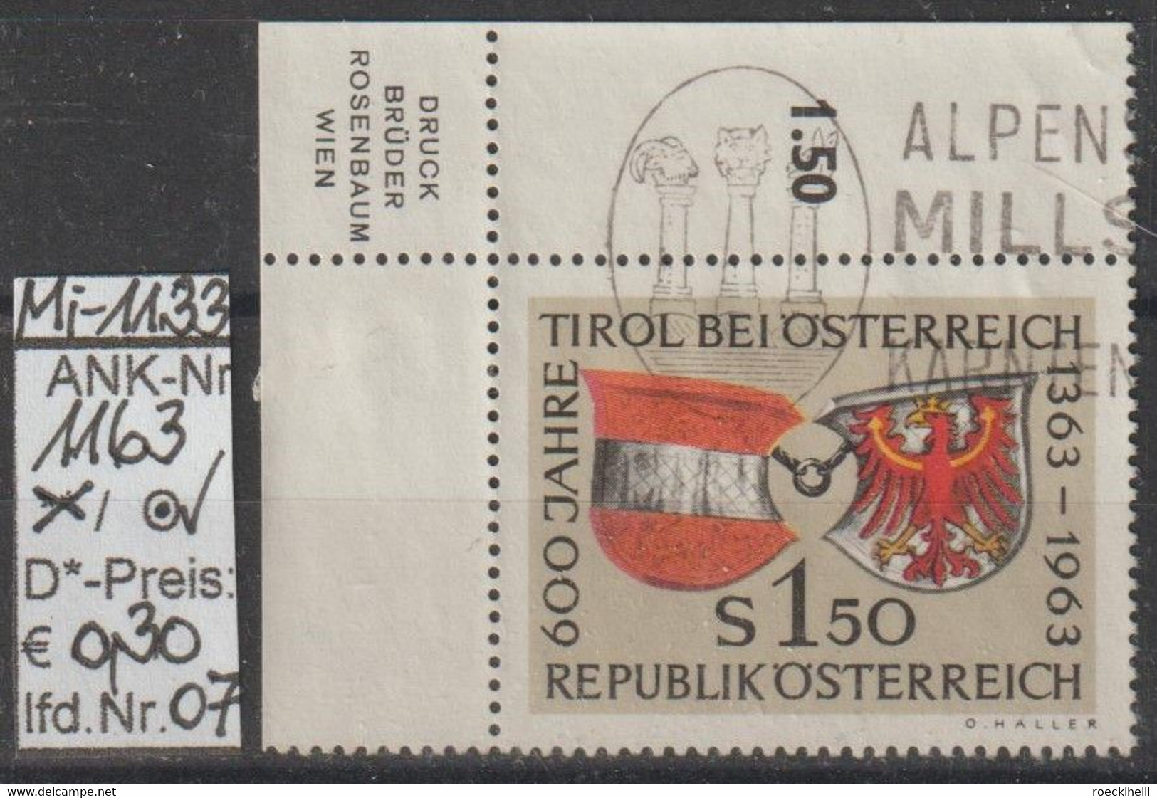 1963 - ÖSTERREICH - SM "600 Jahre Tirol Bei Österreich" S 1,50 Mehrf. -  O  Gestempelt - Siehe Scan (1163o 07-14     At) - Gebraucht
