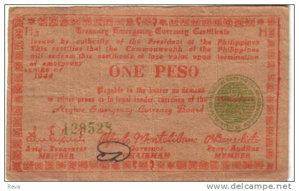 PHILIPPINES 1 PESO RED  MOTIF FRONT & BACK  NEGROS PROVINCE BROWN PAPER ND(SERIES 1944) PS673 VF READ DESCRIPTION !! - Filipinas
