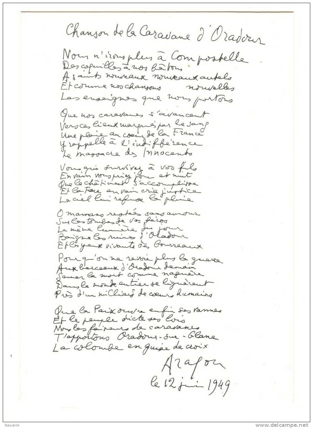 CPM - Poème De Louis ARAGON - Chanson De La Caravane D'Oradour - Writers