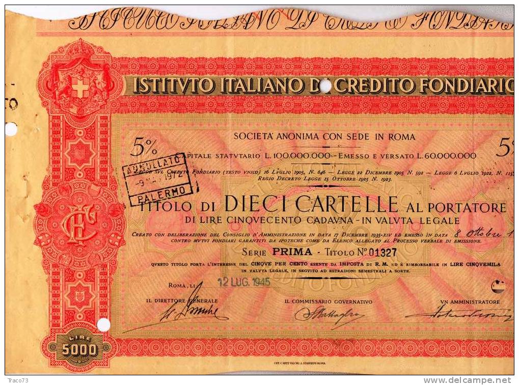 Istituto Italiano Di Credito Fondiario - Titolo Al Portatore 5%  - Lire 5.000  -     1945 - Other & Unclassified