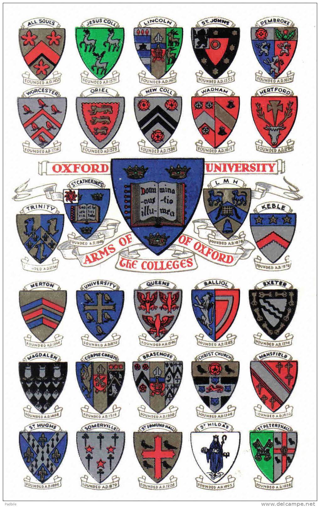 Carte Postale Angleterre Oxford University Arms Of The Colleges Blason écusson Trés Beau Plan - Autres & Non Classés