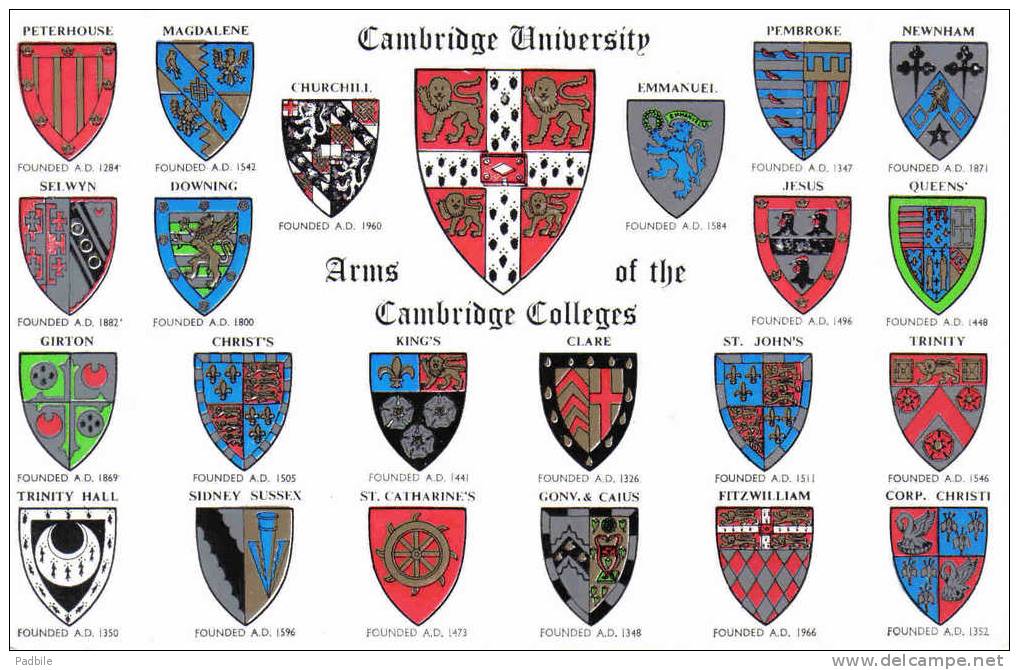 Carte Postale Angleterre Cambridge University Arms Of The Colleges Blason écusson Trés Beau Plan - Cambridge