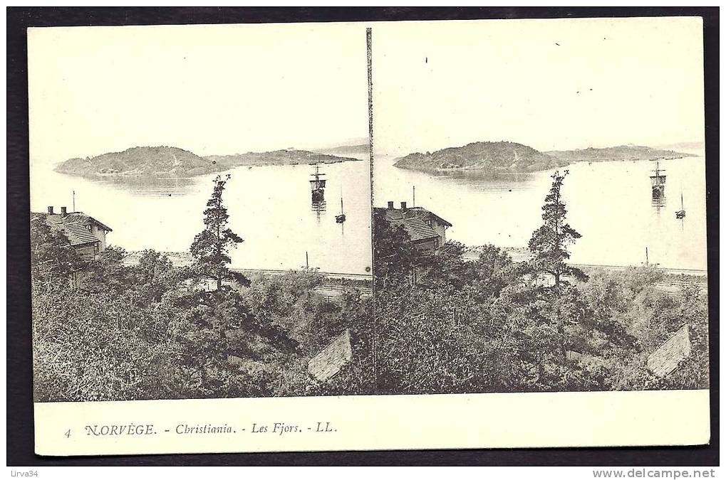 CPA PRECURSEUR STÉRÉOSCOPIQUE- NORVEGE- CHRISTIANA : LES FJORDS EN 1900-  VOILIER - Stereoscope Cards