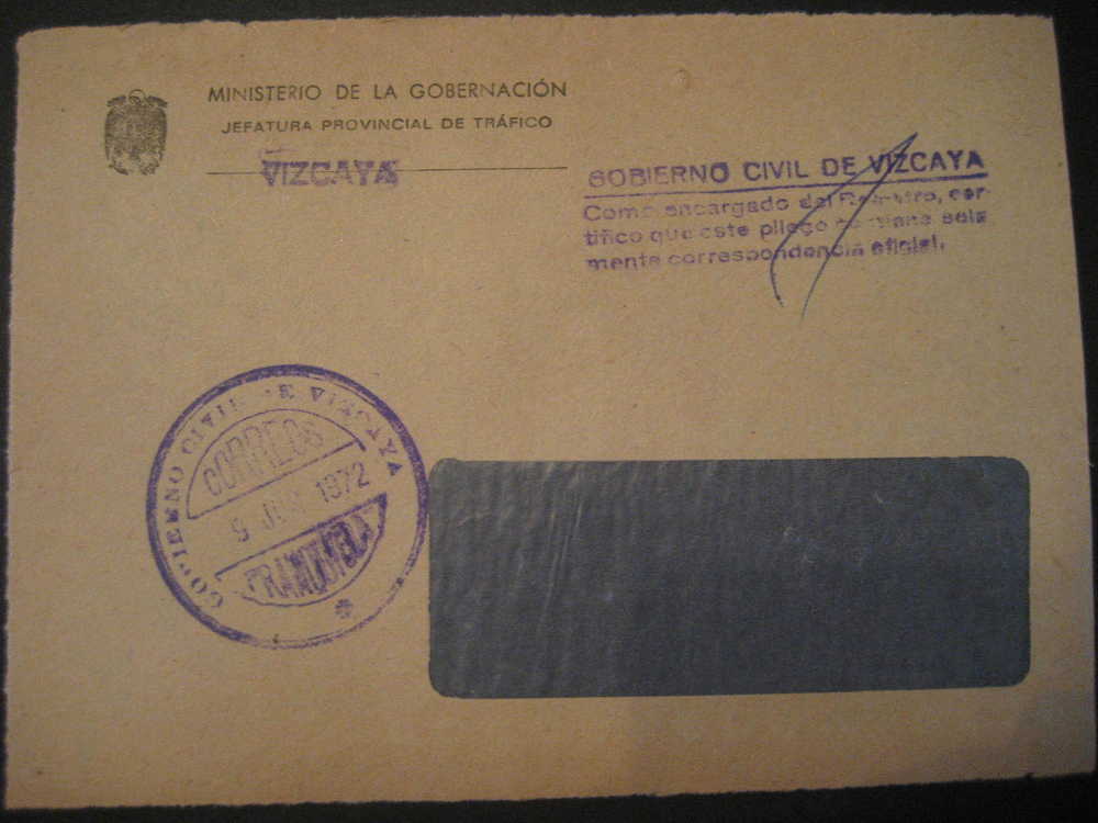 Vizcaya 1972 Ministerio Gobernacion Jefatura Trafico Policia Police Franquicia Postage Paid Sobre Frontal Front Cover - Vrijstelling Van Portkosten