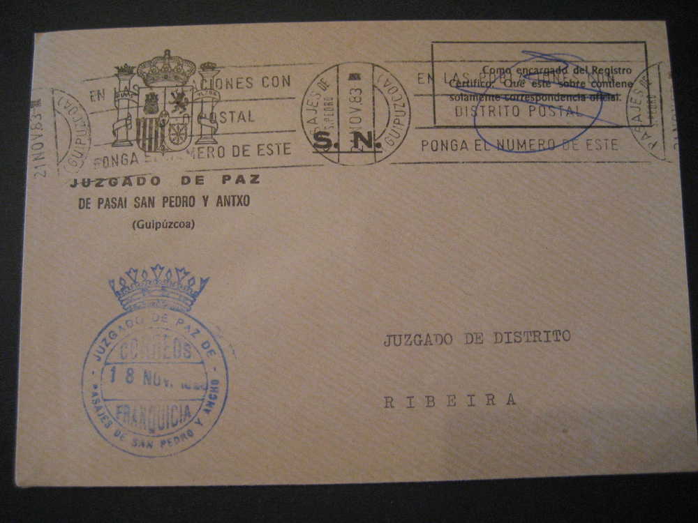 PASAJES DE SAN PEDRO Y ANCHO Guipuzcoa 1985 A Ribeira Coruña Juzgado De Paz Franquicia Postage Paid Sobre Cover Lettre - Portofreiheit