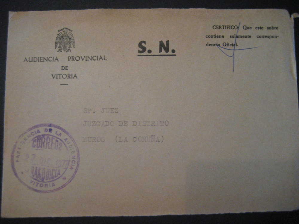 VITORIA Alava 1977 A Muros Coruña Audiencia Provincia Justicia Justice Franquicia Postage Paid Sobre Frontal Front Cover - Portofreiheit
