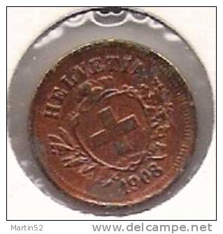 Schweiz Suisse: 1 Rappen / Cent 1908  ( Bronze, O 16mm, 1.5g)   Vz+ /  Xf+  Originalpatina - 1 Rappen