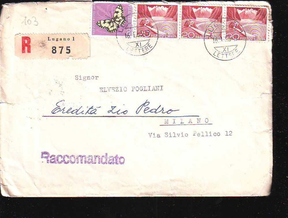 D103 Helvetia Raccomandata Registered Lugano-milano 1953 - Storia Postale