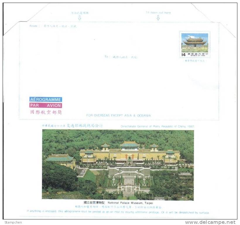 1987 Taiwan Pre-stamp Aerogram Aerogramme Confucius Temple Relic Palace Museum Postal Stationary - Entiers Postaux