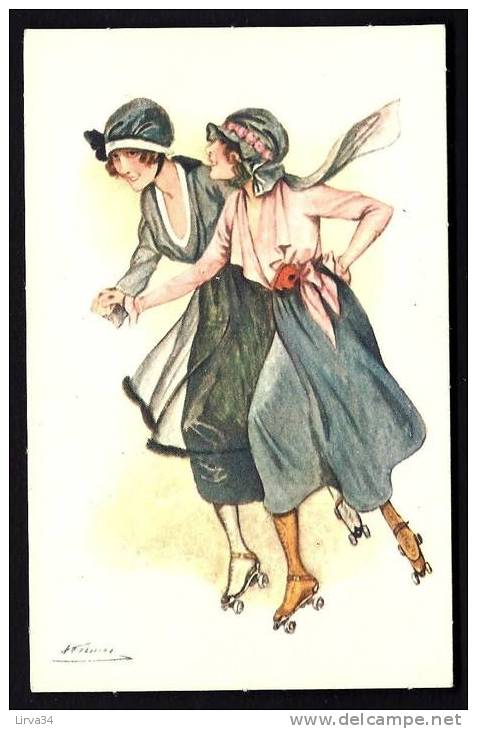 CPA  ANCIENNE- FRANCE- THEME :  PATINAGE A ROULETTES FEMININ- ILLUSTRATION COULEUR SIGNÉE - Patinage Artistique