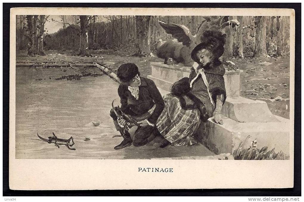 CPA  PRECURSEUR- FRANCE- THEME : SPORT DE GLISSE- PATINAGE SUR BASSIN GELÉ EN 1900- MISE DES PATINS- - Patinage Artistique