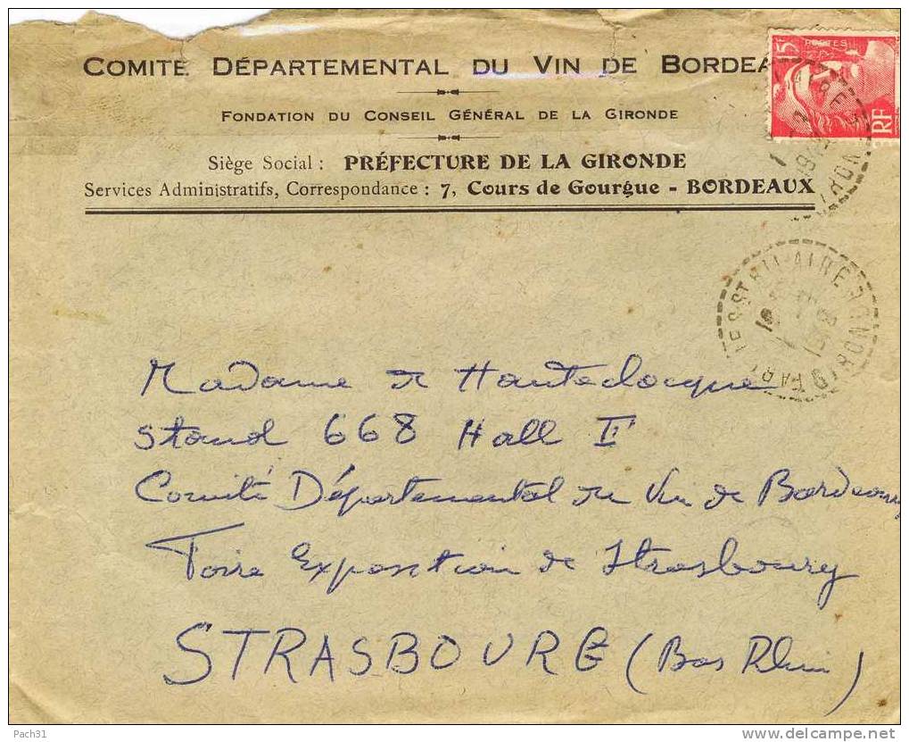 Lettre De Fargues St Hilaire Gironde Pour Strasbourg Avec Pub Pour Vins De Bordeaux Au Verso 1949 - Brieven En Documenten