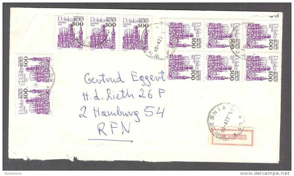 Poland EXPRESS Label WRZESNIA Mult. Franked Cover To Hamburg Germany 6-Block & 3-Stripe Of Gdansk 400/500 Overprinted - Covers & Documents