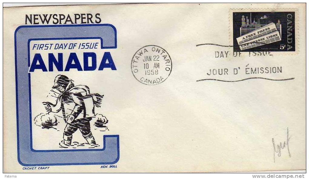 FDC, OTTAWA  ONTARIO ( Canada), 1958, Newpapers - 1952-1960