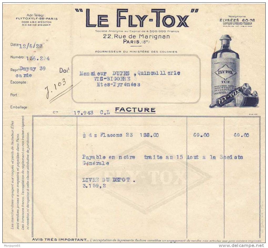 Facture De La Société LE FLY TOX De Paris Et De 1928 - 2/3 A4 - Drogisterij & Parfum